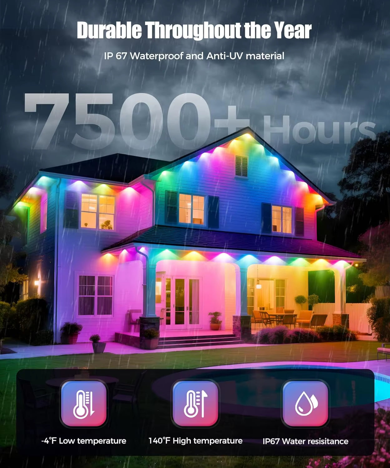 LED Permanent Outdoor Lights IP65 Waterproof RGBIC Eave Lights with Remote for Christmas New Year Roof DIY Holiday String Light